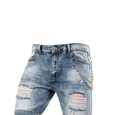 Ανδρική Βερμούδα Jeans με Σκισίματα και Αλυσίδα (3232) - BLUE - Panda Clothing